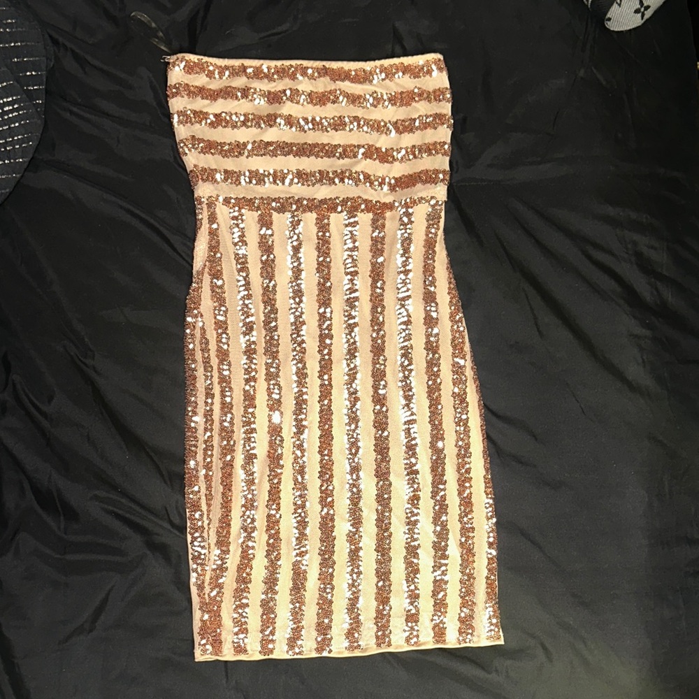 Haute Monde Strapless Sequin Dress in Gold and Cream